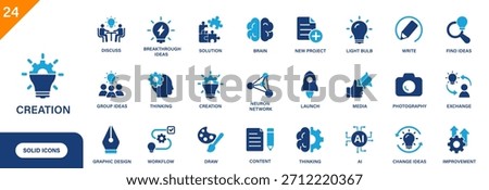 Creation icon. Includes idea, light bulb, draw, photography, thinking, find ideas. Solid vector icon set.