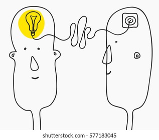 creation ideas concept. brainstorming.primitive infantile cartoon style. Vector illustration isolated on white background