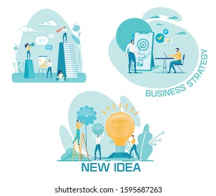 Creation and Implementation Business Strategy. Man Stands next to Large Smartphone. Phone Screen Target and Path to Goal. Guy Sits at Table and Works at Laptop. Vector Illustration.