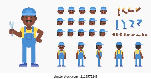 Creation kit of auto mechanic, engineer or builder. Modern vector illustration. Create your own pose, action, animation