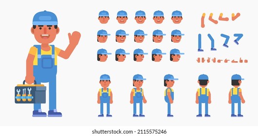 Creation kit of auto mechanic, repairman or builder. Modern vector illustration. Create your own pose, action, animation