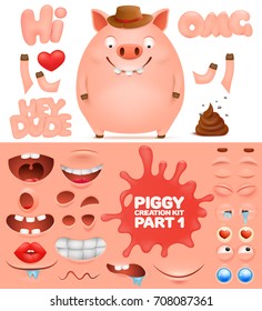 Creation kit of cartoon emoticon pig character vector illustration.