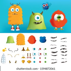 Creation kit of cartoon monsters, building elements and body parts to build creatures.