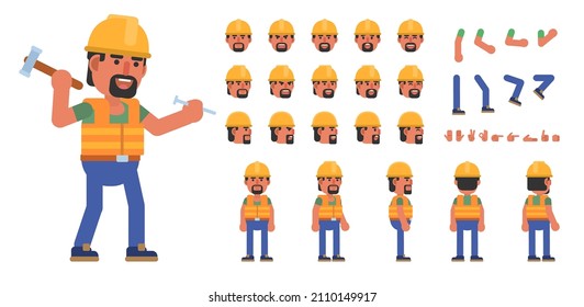Creation kit of a construction worker. Modern vector illustration. Create your own pose, action, animation