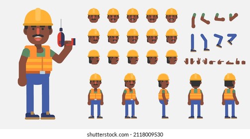 Creation kit of a construction worker. Modern vector illustration. Create your own pose, action, animation