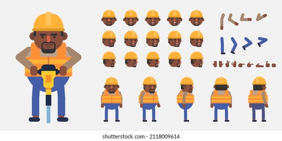 Creation kit of a construction worker. Modern vector illustration. Create your own pose, action, animation