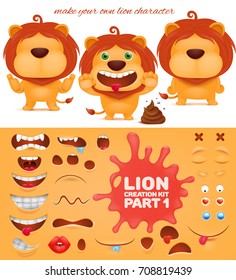 Creation kit of emoticon cartoon lion character. Vector illustration