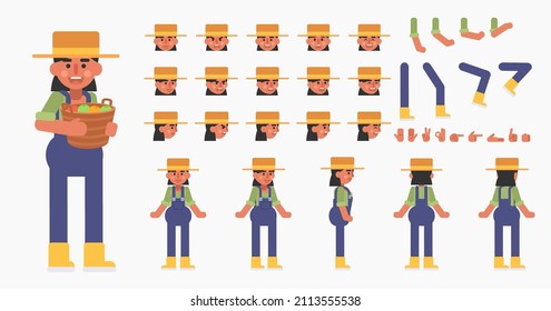 Creation kit of a farm girl, villager woman or gardener character. Modern vector illustration. Create your own pose, action, animation
