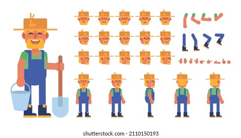 Creation kit of a farmer, old man. Modern vector illustration. Create your own pose, action, animation