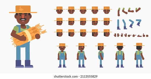 Creation kit of a farmer, villager or gardener character. Modern vector illustration. Create your own pose, action, animation