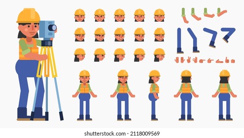 Creation kit of a female construction worker. Modern vector illustration. Create your own pose, action, animation