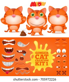 Creation kit of ginger emoticon funny cat. Vector illustration