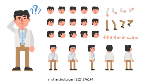 Creation kit of man, businessman, worker in business outift. Modern vector illustration. Create your own pose, action, animation