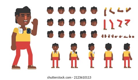 Creation kit of a trendy black or indian man in casual outift. Modern vector illustration. Create your own pose, action, animation