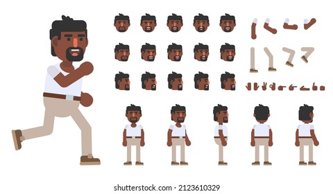 Creation kit of a trendy black or indian man in casual outift. Modern vector illustration. Create your own pose, action, animation