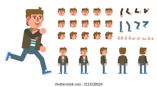 Creation kit of a trendy man in casual outift. Modern vector illustration. Create your own pose, action, animation