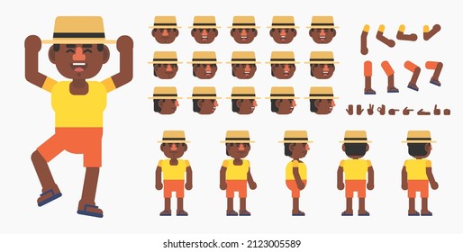 Creation kit of a trendy man or tourist in casual outift. Modern vector illustration. Create your own pose, action, animation