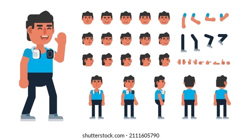 Creation kit of a trendy young man in casual outift with headphones. Modern vector illustration. Create your own pose, action, animation