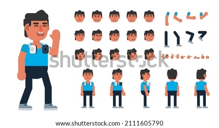 Creation kit of a trendy young man in casual outift with headphones. Modern vector illustration. Create your own pose, action, animation