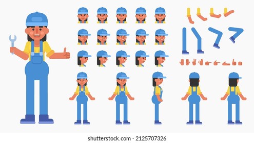 Creation kit of woman mechanic, courier or worker. Create your own pose, action, animation. Modern vector illustration