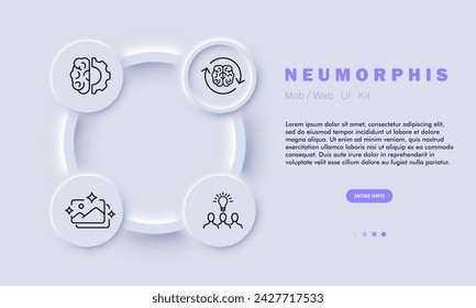 Creation line icon. Dynamic, collaboration, creativity, brain, light bulb, gear, gallery. Neomorphism style. Vector line icon for business and advertising