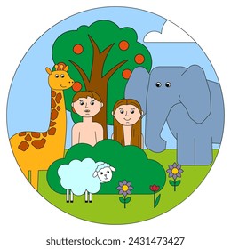 Creation of man, animals in Eden. Serene divine garden. Peaceful Sabbath rest. Vector illustration. EPS 10.