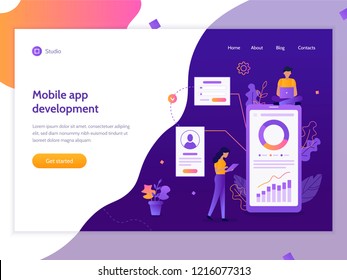 The creation of a mobile application. Web banner design template. Teamwork. Flat vector illustration.