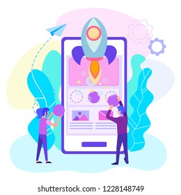 Creation of a mobile online project, teamwork of web designers, start up of a mobile application, programmers and analysts. Vector illustration for social media, advertising posters, blogging.