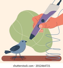 Creation of a model using a 3D pen. Illustration of a hand holding a 3D printing pen, create a bird using colored filament. Vector illustration in flat style