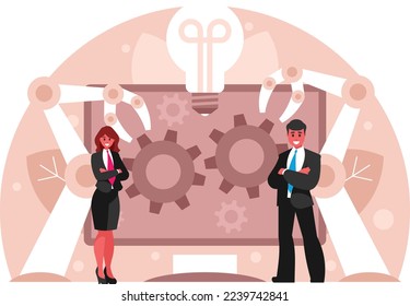 Creation of new ideas. Automation business processes. Project management, software development. Work organization. Automated business system concept with computer that builds robot arms. Vector graphi