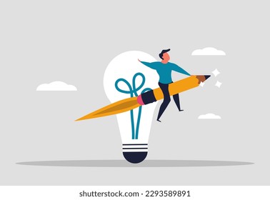 Creation of new ideas. A man flies on a pencil near a light bulb. Inspiration and brilliant ideas in business. Creative thinking of a person at work. Vector illustration
