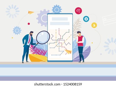 Creation New Mobile App Workflow Process. Cartoon Boss Chief Leader with Magnifying Glass Checking Finished Digital Product on Phone Screen. Executive Manager Wait for Conclusion. Vector Illustration