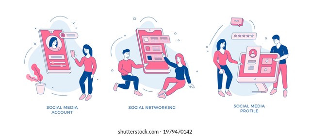 Creation profile and communication social networks set. People make online account with avatar and data. Friendly interaction web forums. Selection application and messenger. Vector flat line concept