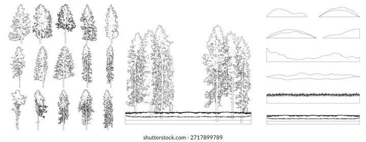 Schaffung von realistischen Wald, Satz von Konturen von schönen Fichten und Pinien Bäume. Vektorgrafik.