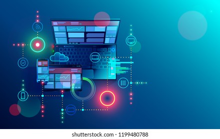 Creation responsive internet website for multiple platforms. Building mobile  interface on screen of laptop, tablet, smartphone. Layout content on display devices. Conceptual banner of web technology. - Shutterstock ID 1199480788