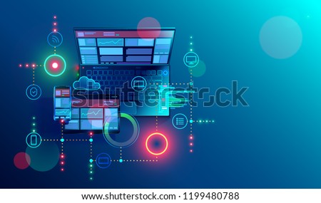 Creation responsive internet website for multiple platforms. Building mobile  interface on screen of laptop, tablet, smartphone. Layout content on display devices. Conceptual banner of web technology.