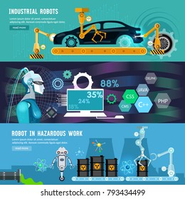 Creation of robots banner. Artificial intelligence, modern technologies microchips development. Car assembly line 