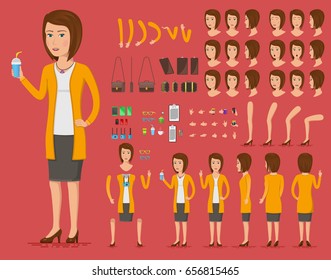 Creation Set Of Beautiful Young Woman Character With A Cup Of Coffee For Create Animation. Separate Parts Of Female Person. Front, Side, Back View Of Woman. Vector Illustration.