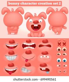 Creation set of cartoon emoticon pink bunny character. Vector illustration