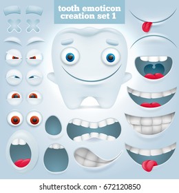 Creation set of cartoon tooth emoticon character. Vector illustration