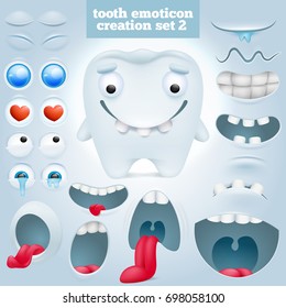 Creation set of cartoon tooth emoticon character. Vector illustration