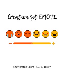 Creation set EMOJI. Set Emotions. Lettering. Cute cartoon. Vector style smile icons. 
