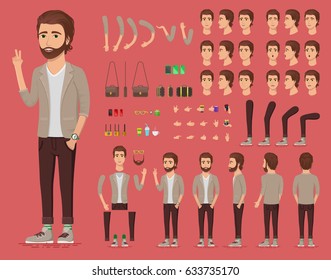 Creation set of handsome young man character with watch for create animation. Separate part of male person. Various types of faces and emotions. Front, side, back view of guy. Vector illustration.