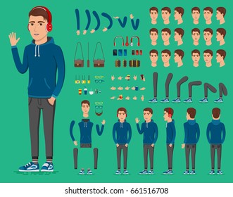 Creation set of handsome young man character in sportswear for create animation. Separate parts of sportsman. Various types of faces and emotions. Front, side, back view of guy. Vector illustration.