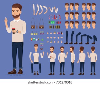 Creación de un hermoso personaje joven con una taza de café para crear animación. Una parte separada del hombre. Tipos de caras y emociones de los hombres. Vista frontal, lateral y trasera. Ilustración vectorial.