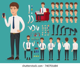 Creation set of handsome young man character with a phone in hand for create animation. Separate part of male person. Types of faces and emotions of guy. Front, side, back view. Vector illustration.