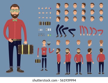 Creation set of hipster character with suitcase for create animation. Separate part of male person. Various types of faces and emotions. Front, side, back view of man. Vector illustration.