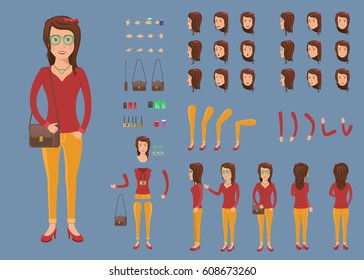 Creation set of hipster woman character with bag for create animation. Separate part of female person. Various types of faces and emotions. Front, side, back view of woman. Vector illustration.