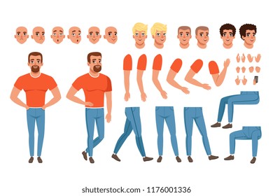 Creation set of young man, constructor for animation. Full length character. Body parts, face emotions, haircuts and hand gestures. Isolated flat vector