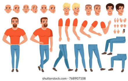 Creation set of young man, constructor for animation. Full length character. Body parts, face emotions, haircuts and hand gestures. Isolated flat vector